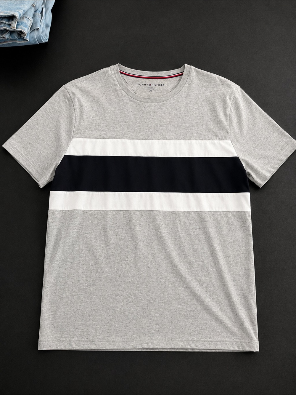 Tommy Hilfiger Light Gray Tee with Navy and White Stripes
